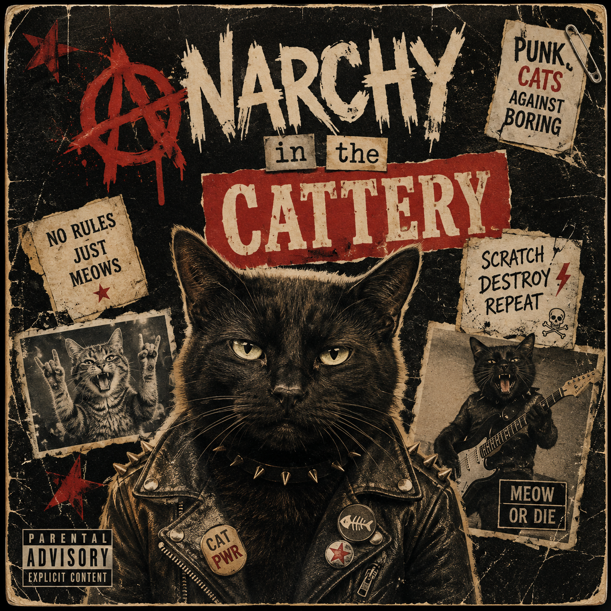 Anarchy in the Cattery illustratie van een zwarte punkkat in leren jack met buttons en rock-’n-roll details.