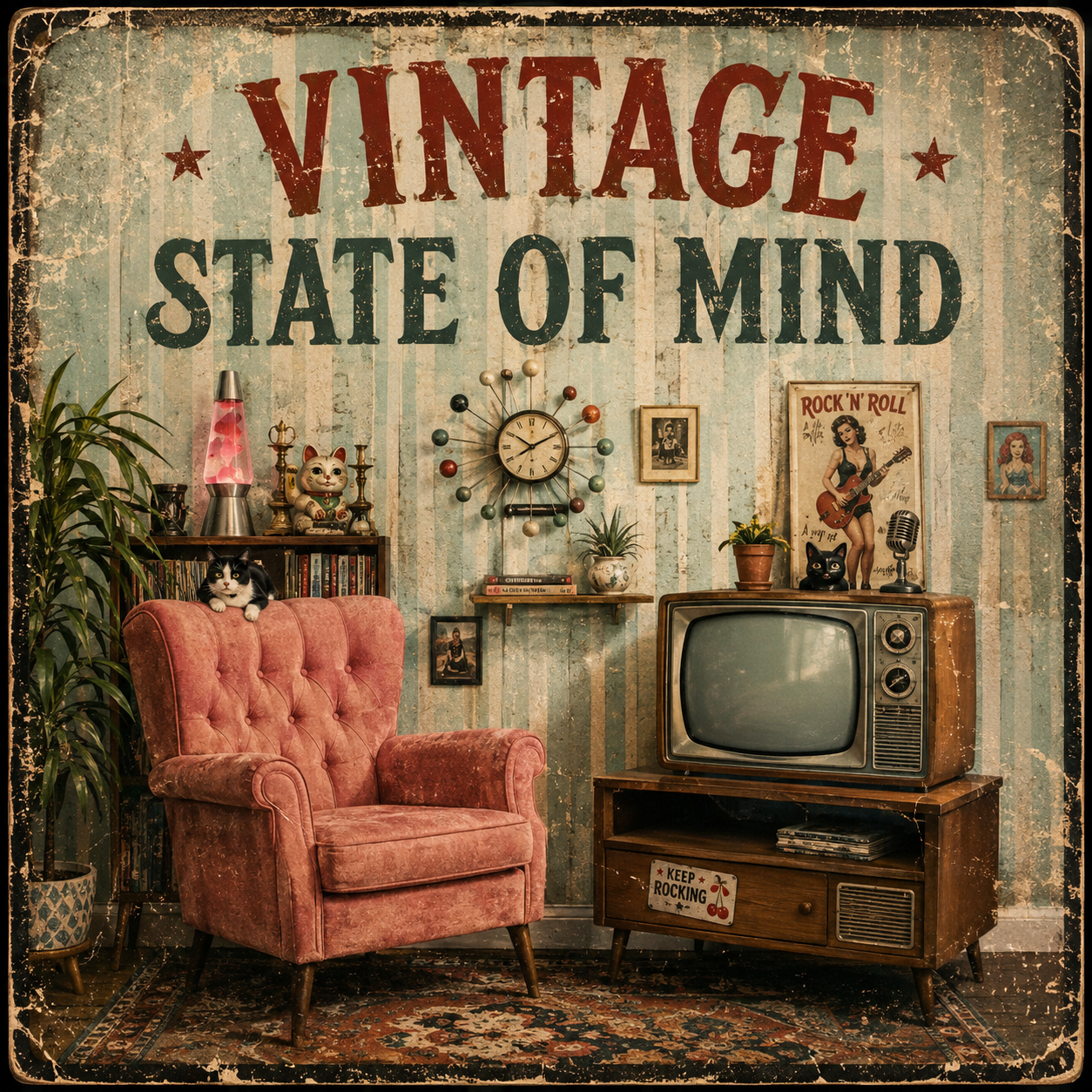 Vintage State of Mind illustratie met retro woonkamer, roze fauteuil, oude televisie en rock-’n-roll details.