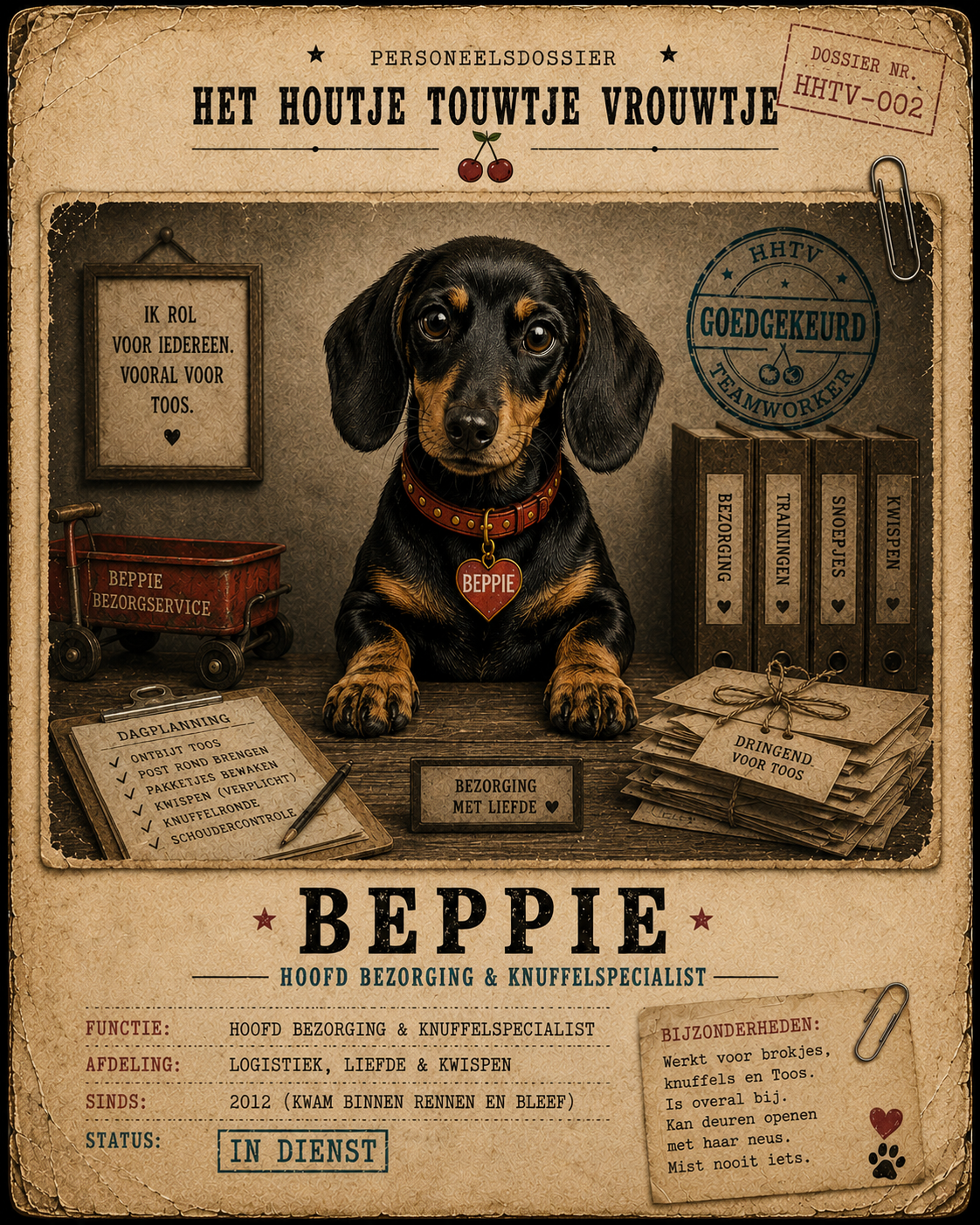 Beppie, hoofd bezorging en knuffelspecialist bij Het Houtje Touwtje Vrouwtje