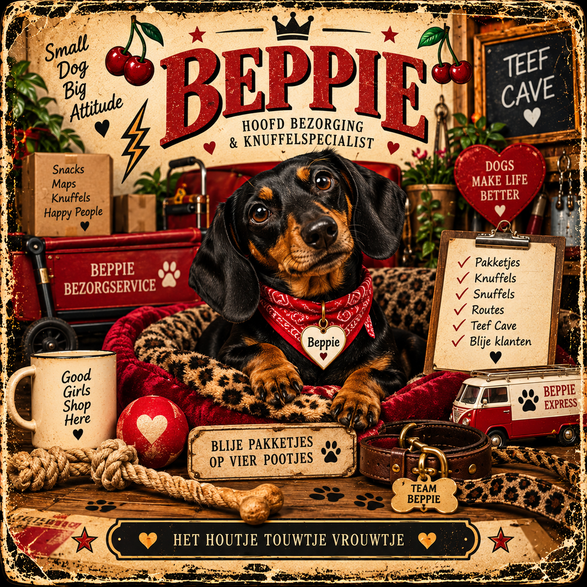 Beppie, hoofd bezorging en knuffelspecialist bij Het Houtje Touwtje Vrouwtje
